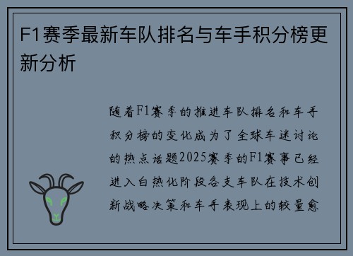 F1赛季最新车队排名与车手积分榜更新分析 F1赛季最新车队排名与车手积分榜更新分析