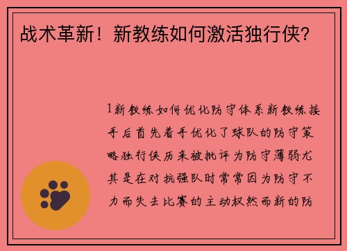 战术革新！新教练如何激活独行侠？